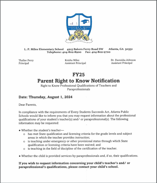 Parents' Right To Know Notification